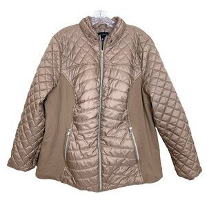 Susan Graver Womens XL Quilted Jacket Ponte Side Panels Zip Pockets Tan Puffer